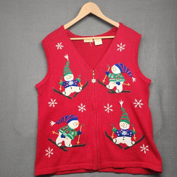 Bobbie Brooks Sweaters - Bobbie Brooks Sweater Vest Womens Large Red Zip Ski Snowman Christmas Applique